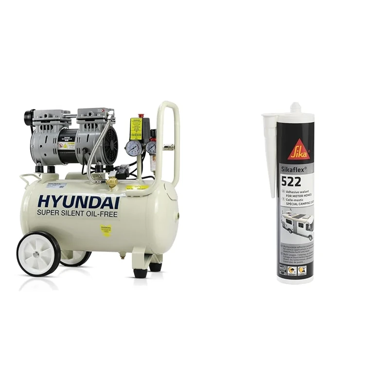 Hyundai HY7524 24 Litre Air Compressor, 5.2cfm/100psi, Silenced & Sika Sikaflex-522 Caravan and Motorhome Adhesive Sealant – Moisture Curing – Weather and Mould Resistant – White – 300ml