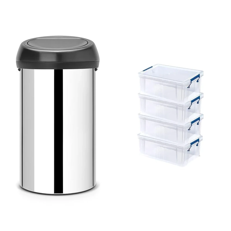 Brabantia 60 Litre Large Kitchen Touch Bin (Brilliant Steel/Matt Black Lid) Removable Lid & Really Useful Plastic Nestable Storage Box 83 Litre Clear (Pack of 3)