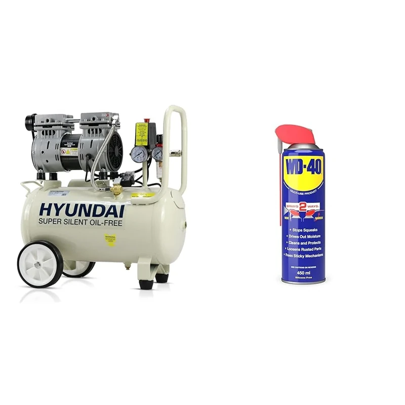 Hyundai HY7524 24 Litre Air Compressor, 5.2cfm/100psi, Silenced & WD-40 Multi-Use Smart Straw 450ml Spray Aerosol Can Clean Rust Lubricant, Blue