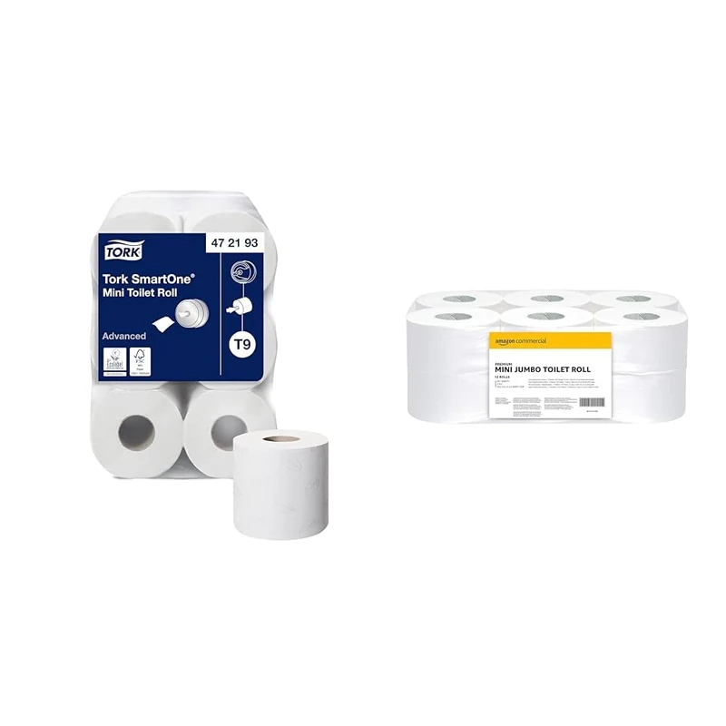 Tork SmartOne Mini Toilet Roll White T9, Advanced, 2-Ply, 12 x 620 Sheets, 472193 & AmazonCommercial 416647 2-Ply Mini Jumbo Toilet Roll, Unscented, White, 6684 Counts,(12 Pack of 557 Sheets)