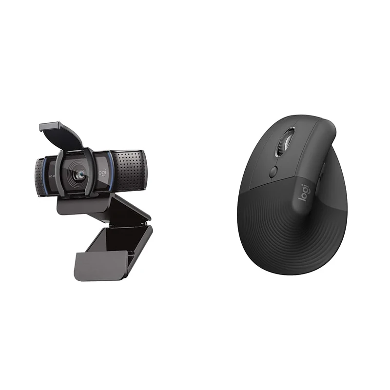 Logitech C920S HD Pro Webcam, Full HD 1080p/30fps Video Calling, Clear Stereo Audio & Lift Left Vertical Ergonomic Mouse, Left-handed, Wireless