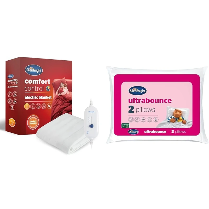 Silentnight Comfort Control Electric Blanket - Heated Underblanket & Ultrabounce Pillows 2 Pack – Soft Medium Support Comfortable Bouncy Pillows