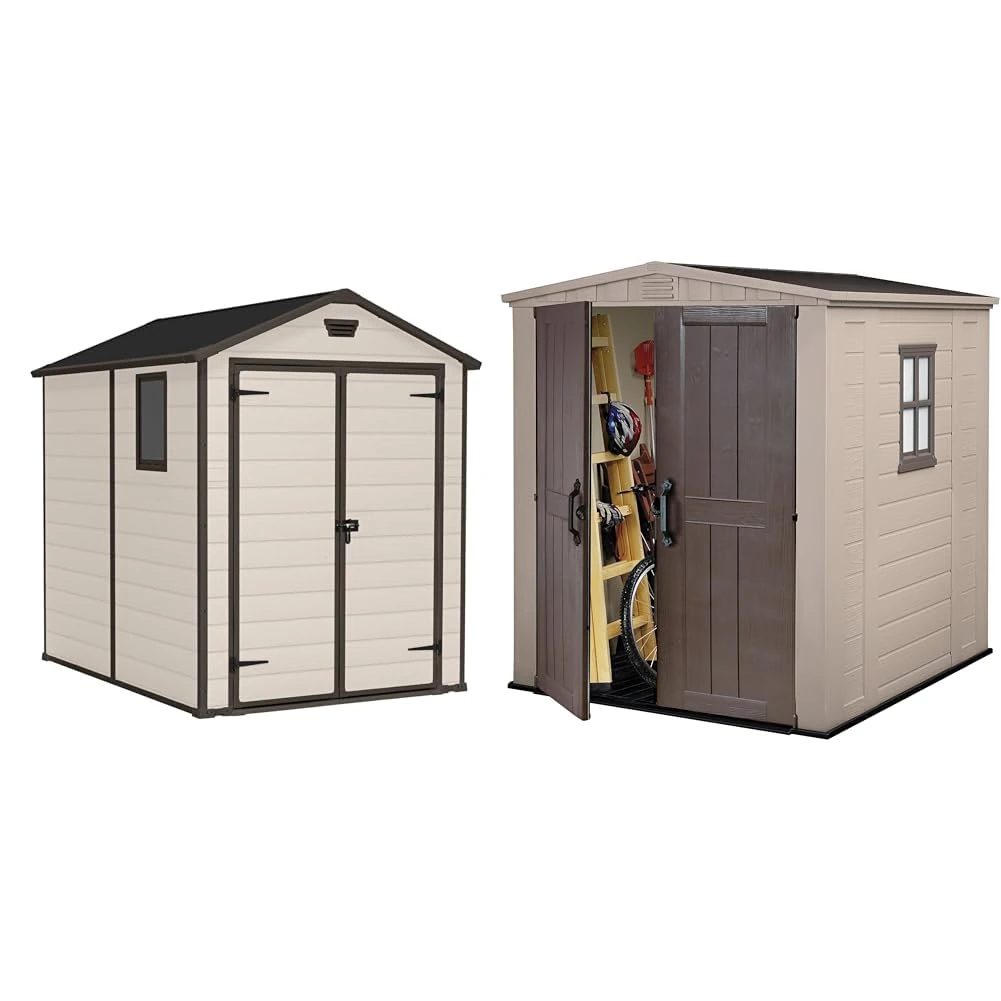 Keter Manor Outdoor Apex Double Door Garden Storage Shed 6 x 8ft Beige Brown Wood effect & 17197898 Factor Outdoor Garden Storage Shed, Beige, 6 x 6 ft