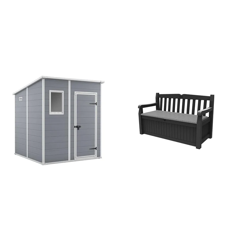 Keter Manor Pent Garden Storage Shed 6 x 6 feet - Grey, 200.6 cm*183.5 cm*183.0 cm & Eden Bench 265L Outdoor 60% recycled Garden Furniture Storage Box Graphite & Light Grey
