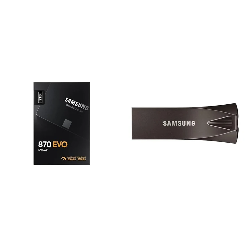 Samsung SSD 870 EVO, 2 TB, Form Factor 2.5 Inch, Intelligent Turbo Write, Magician 6 Software, Black & flash drive Titanium Gray 256 GB