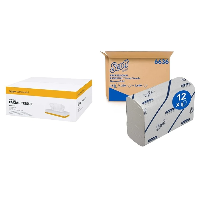 AmazonCommercial 2-Ply Facial Tissues, 4000 Count (40 Pack of 100), White & Scott Essential Narrow-Fold Paper Hand Towels, 220 White Paper Towels (12 Clips x 220, 2,640 Total)