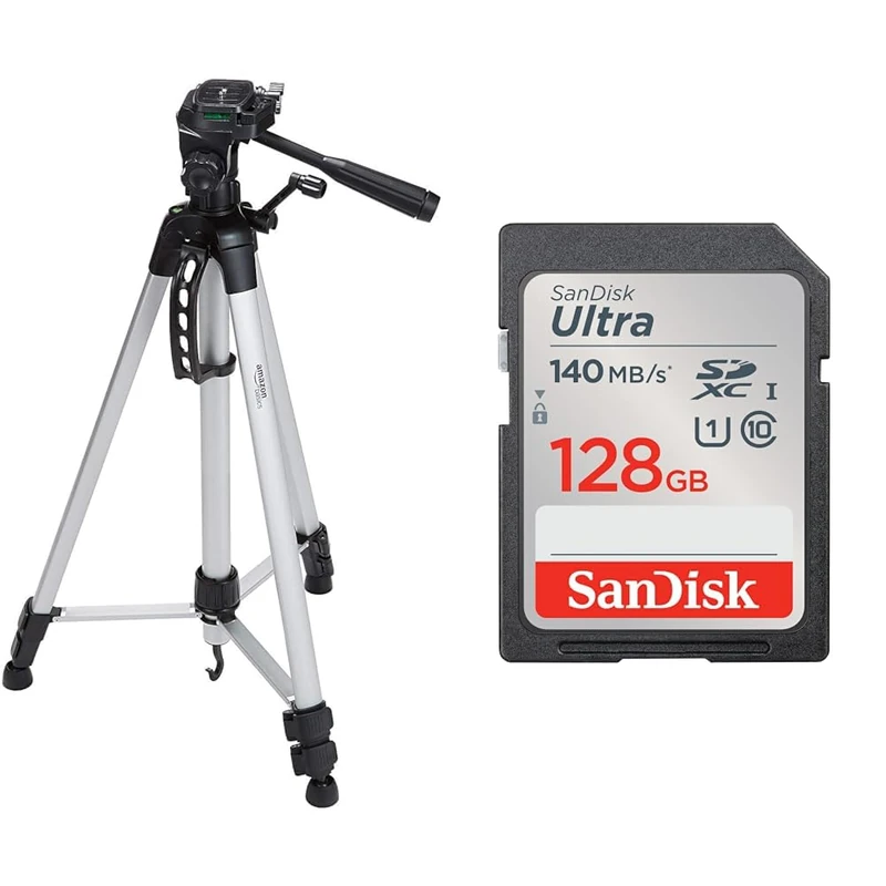 Amazon Basics 152 cm (60-Inch) Lightweight Camera, DSLR and Binocular Tripod with Bag, Black & SanDisk 128GB Ultra SDXC card up to 140 MB/s with A1 App Performance UHS-I Class 10 U1