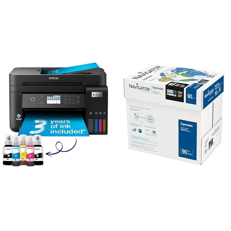 Epson EcoTank ET-3850 A4 Multifunction Wi-Fi Ink Tank Printer, With Up To 3 Years Of Ink Included & Navigator Expression A4 90gsm Paper - Box of 5 Reams (5x500 Sheets)