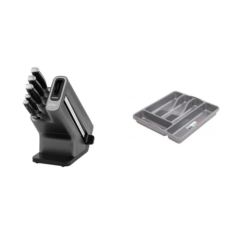 Ninja Foodi StaySharp Knife Block with Integrated Sharpener, 5-Piece Knife Set Includes Chef Knife & Wham Silver 5 Compartment Plastic Cutlery Holder Tray Drawer Organiser Rack