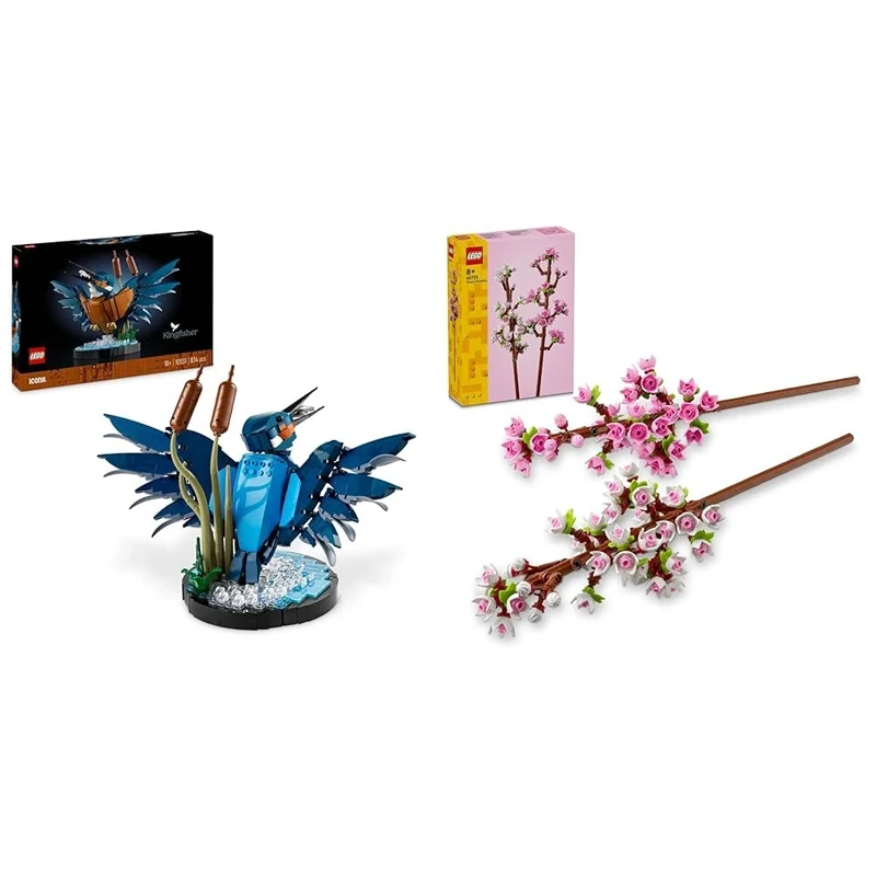 LEGO Icons Kingfisher Bird Set, Model Building Kit for Adults to Build with Water Setting Display Stand & Cherry Blossoms, Artificial Faux Flowers Set, Idea, Makes a Great Desk Decor Accessory