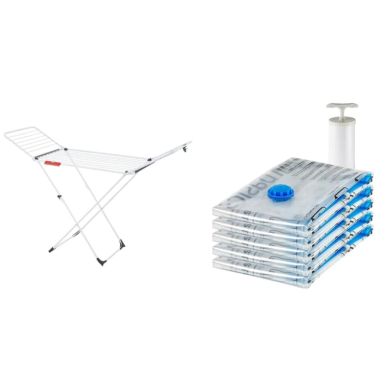Vileda Extra X-Legs Clothes Airer, Indoor Clothes Drying Rack with 20m Washing Line, White & Amazon Basics Vacuum Compression Zipper Storage Bags with Airtight Valve and Hand Pump
