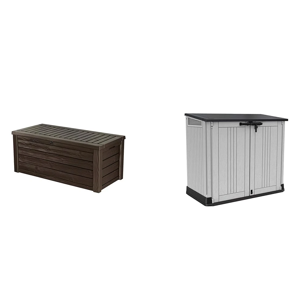 Keter Westwood 570L Outdoor 75% recycled Garden Furniture Storage Box Brown Wood Panel Effect & Store It Out Nova Outdoor Garden Furniture Storage Shed Light Grey with Dark Grey Lid
