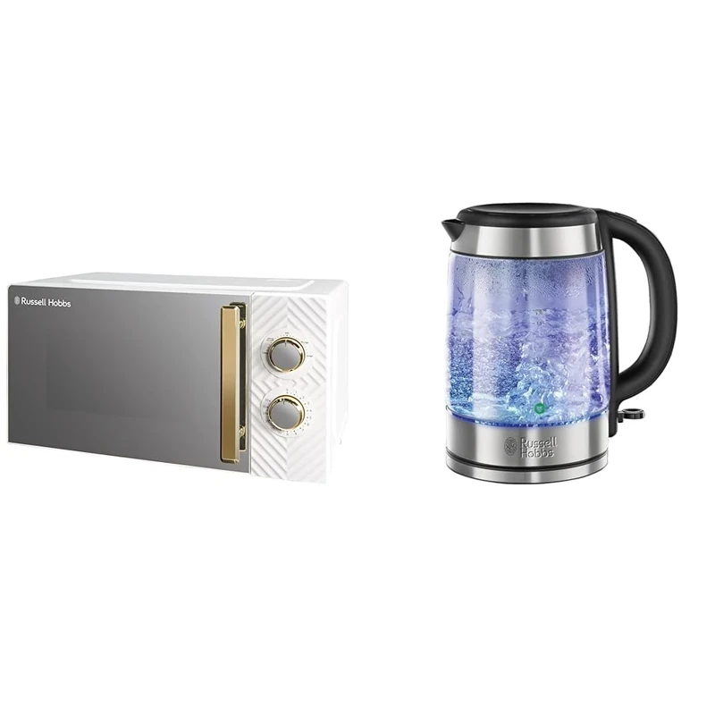 Russell Hobbs 17 Litre 700W White Solo Manual Microwave With Groove Design & Illuminating 1.7L Electric Cordless Glass Kettle with black/brushed stainless steel accents