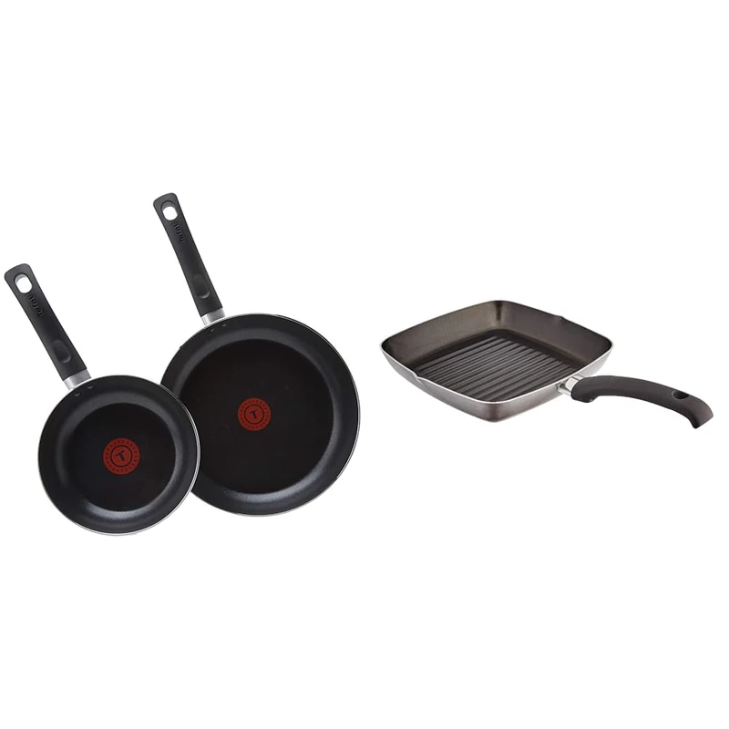 Tefal Taste Twin Pack, Aluminium Frying Pans, Pan Set, Pans 20 cm and 28 cm Diameter, Non-Stick, Black, Pack of 2, B189S244 & Judge Everyday JDAY040 Non-Stick Griddle Pan, 24cm with Stay Cool Handle
