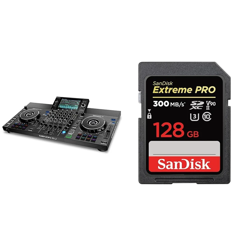 Denon DJ SC LIVE 4 - Standalone DJ Controller, 4-Channel Mixer & SanDisk 128GB Extreme PRO SDXC card up to 300 MB/s UHS-II Class 10 U3 V90
