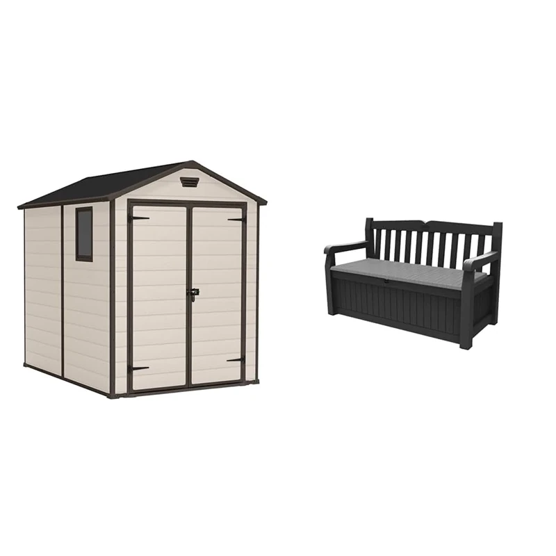 Keter Manor Outdoor Apex Double Door Garden Storage Shed 6 x 8ft Beige Brown Wood effect & Eden Bench 265L Outdoor 60% recycled Garden Furniture Storage Box Graphite & Light Grey