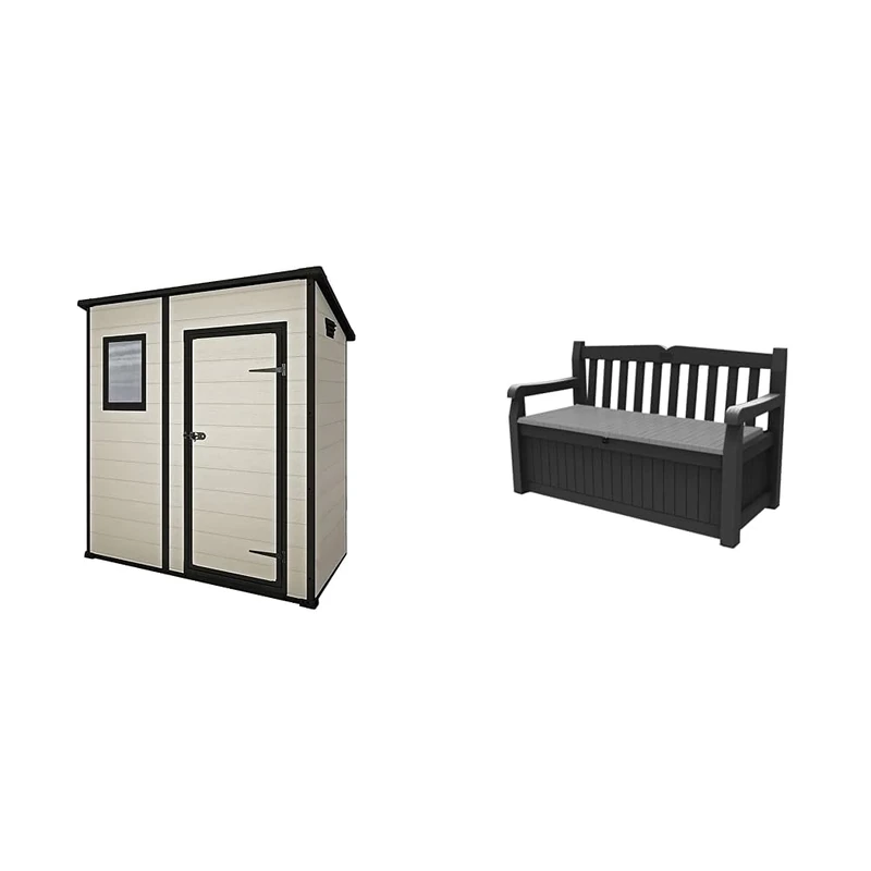 Keter Manor Outdoor Pent Single Door Garden Storage Shed 6 x 4ft & Eden Bench 265L Outdoor 60% recycled Garden Furniture Storage Box Graphite & Light Grey