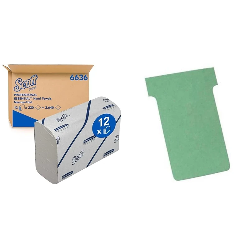 Scott Essential Hand Towels 6636 - Narrow-Fold Paper Hand Towels - 12 Clips x 220 White Paper Towels (2,640 Total) & Nobo Board Accessory, T-Cards in Blister Pack, Size 2, Pack of 100, Green