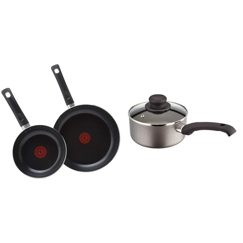 Tefal Taste Twin Pack, Aluminium Frying Pans, Pan Set, Pans 20 cm and 28 cm Diameter & Judge Everyday JDAY022 Non-Stick Saucepan, 16cm 1.2L with Vented Glass Lid and Stay Cool Handle