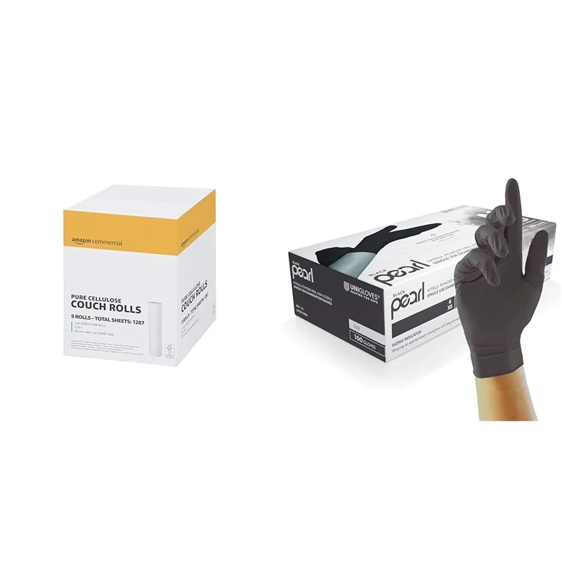 AmazonCommercial Premium Cellulose Rectangular Couch Rolls, 20" & Unigloves Black Pearl Nitrile Examination Gloves - Multipurpose, Powder Free