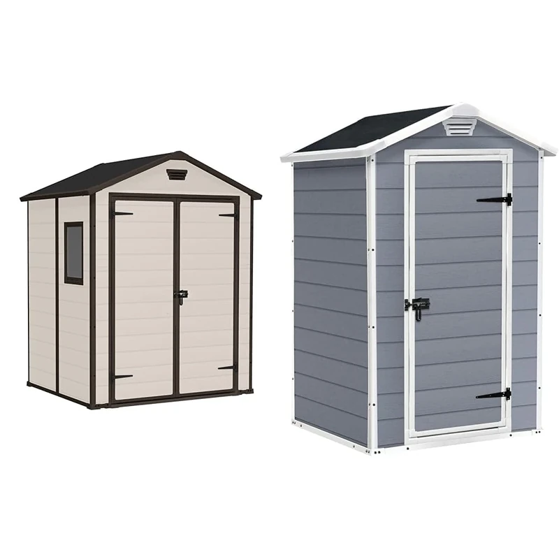 Keter Manor Outdoor Apex Double Door Garden Storage Shed 6 x 5ft Beige Brown Wood effect & Manor Outdoor Garden Storage Shed, Grey, 4 x 3 ft