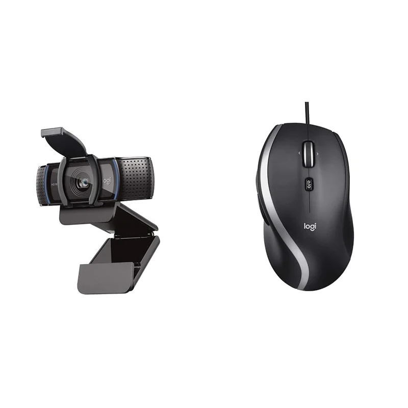 Logitech C920S HD Pro Webcam, Full HD 1080p/30fps Video Calling, Clear Stereo Audio & M500 Wired USB Mouse, High Precision 1000 DPI Laser Tracking, 7 Buttons, PC/Mac/Laptop - Black