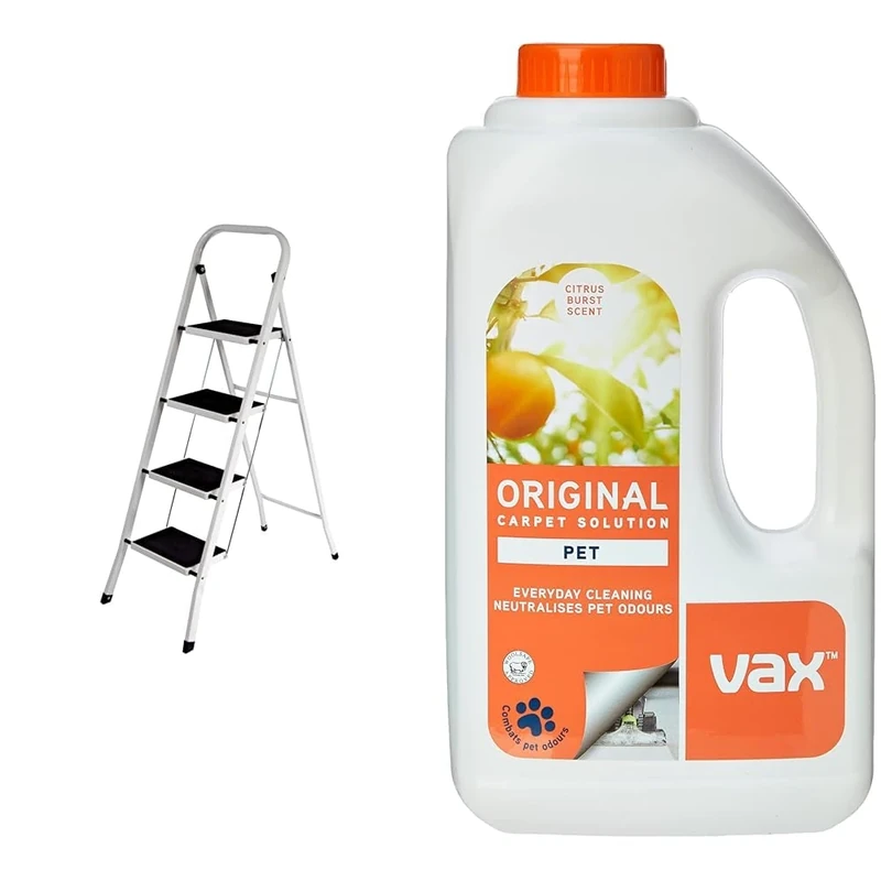 Home Vida 4 Step Ladder, Heavy Duty Steel, Folding, Portable with Anti-Slip Mat & Vax Original 1.5L Carpet Cleaner Solution | Suitable for Everyday Cleaning | Neutralises Pet Odours -1-9-142054