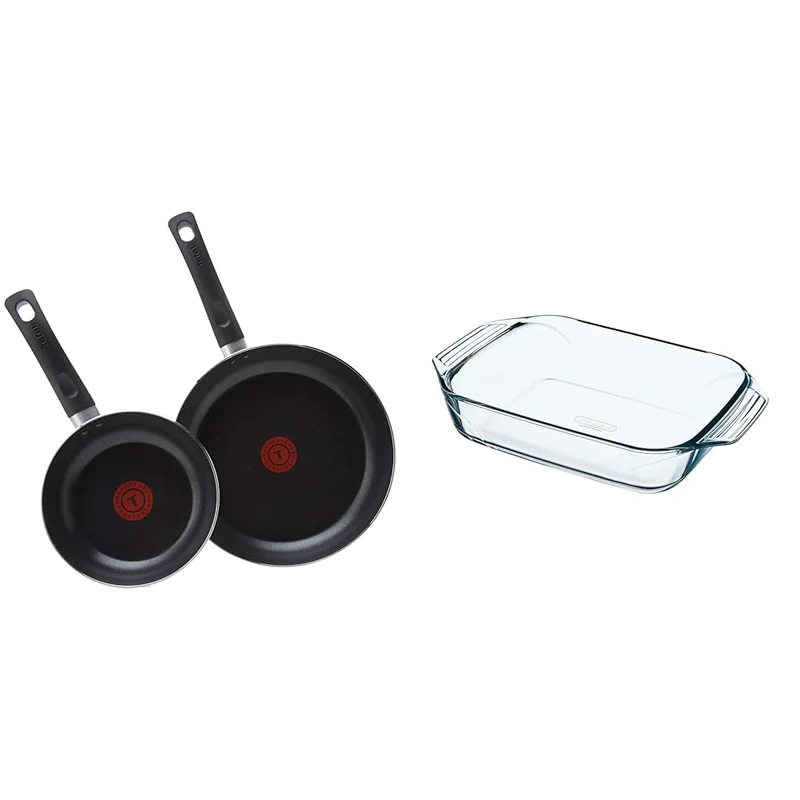 Tefal Taste Twin Pack, Aluminium Frying Pans, Pan Set, Pans 20 cm and 28 cm diameter, Non-Stick, Black, Pack of 2, B189S244 & Pyrex Optimum Glass Rectangular Roaster High Resistance Easy Grip 31x20 cm