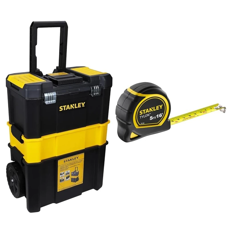 STANLEY Essential Rolling Workshop Toolbox, 3 Tier Stackable Units, STST1-80151 & TYLON Tape Measure 5M/16 Inches Compact Case with Cushioned Grip Metric and Imperial System 1-30-696 - Image 1