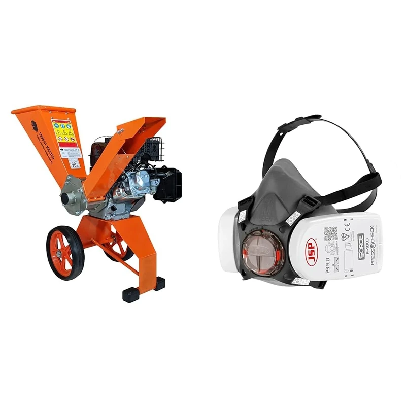 Forest Master FM6DD Wood Chipper 6hp Petrol Self-Feeding, Compact & Portable & JSP Force®8 Half-Mask with PressToCheck™ P3 Dust Filters, Size Medium
