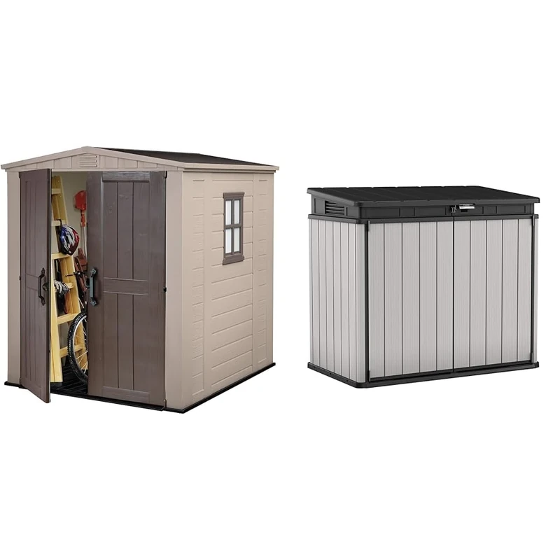 Keter 17197898 Factor Outdoor Garden Storage Shed, Beige, 6 x 6 ft & Store It Out Premier XL Outdoor Garden Storage Shed, Grey and Black, 141 x 82 x 123.5 cm