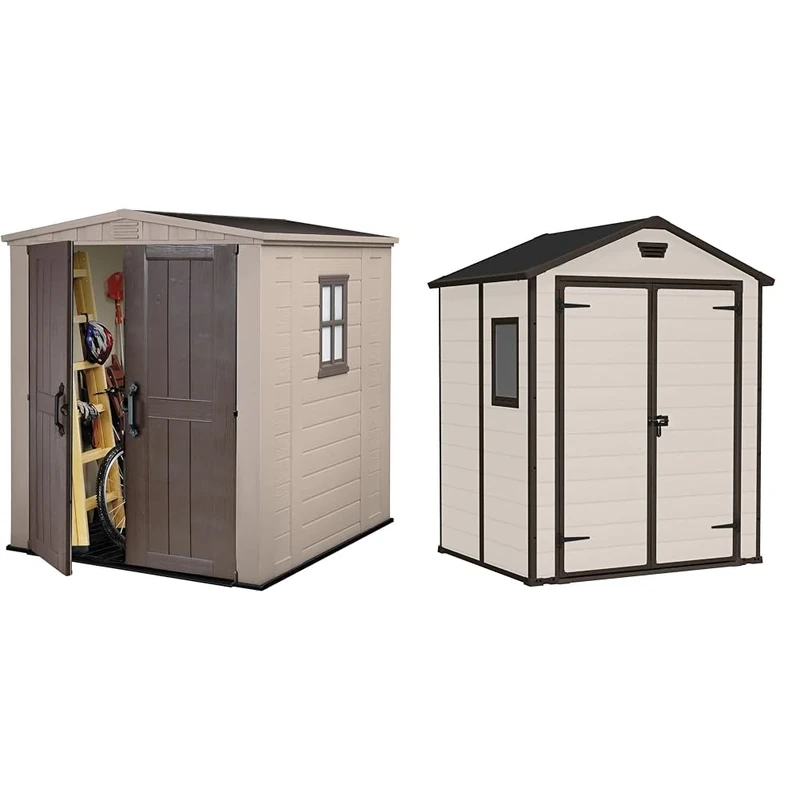 Keter 17197898 Factor Outdoor Garden Storage Shed, Beige, 6 x 6 ft & Manor Outdoor Apex Double Door Garden Storage Shed 6 x 5ft Beige Brown Wood effect