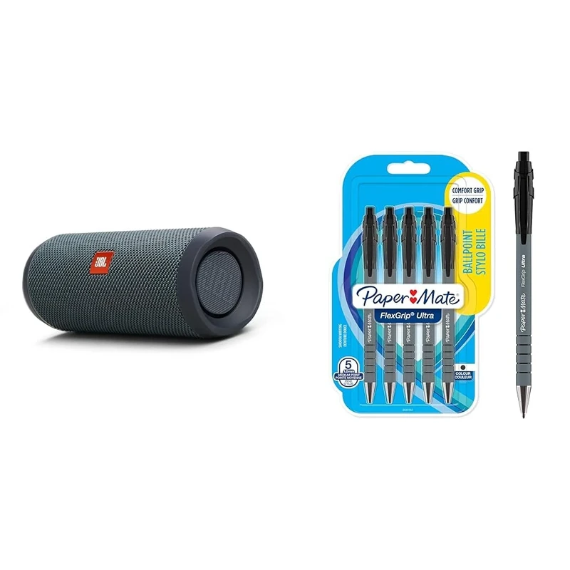 JBL Flip Essential 2 Portable Bluetooth Speaker with Rechargeable Battery & Paper Mate Flexgrip Ultra Retractable Ballpoint Pens | Medium Point (1.0mm) | Black | 5 Count