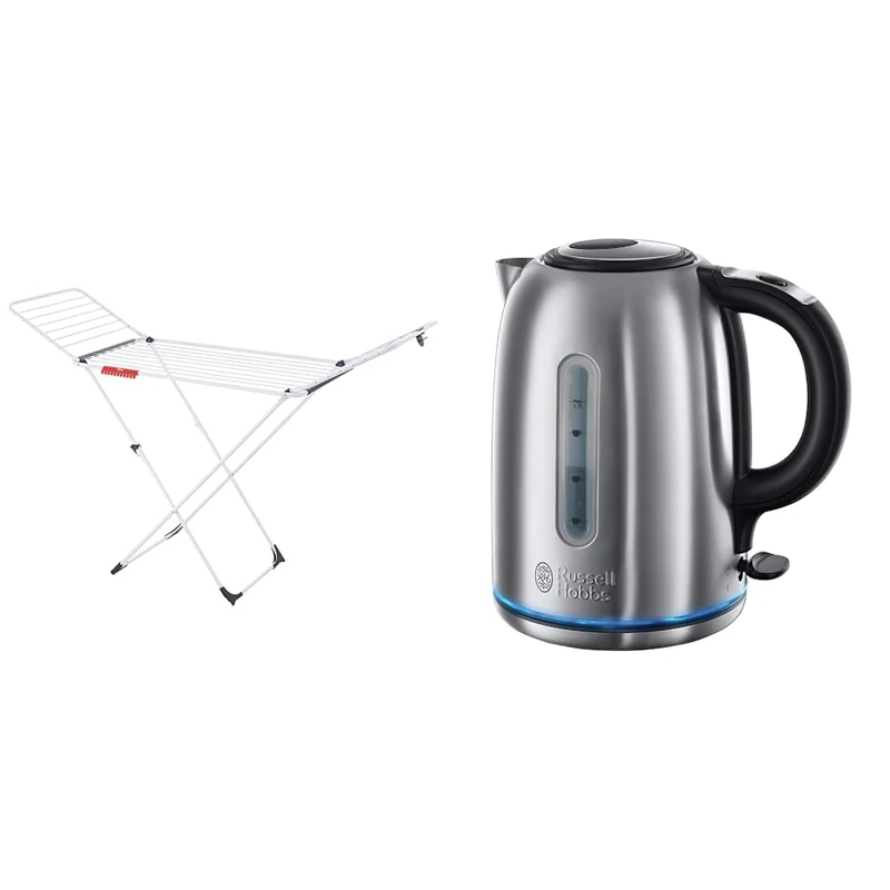 Vileda Extra X-Legs Clothes Airer, Indoor Clothes Drying Rack with 20m Washing Line, White & Russell Hobbs Brushed Stainless Steel Electric 1.7L Cordless Kettle - Image 1