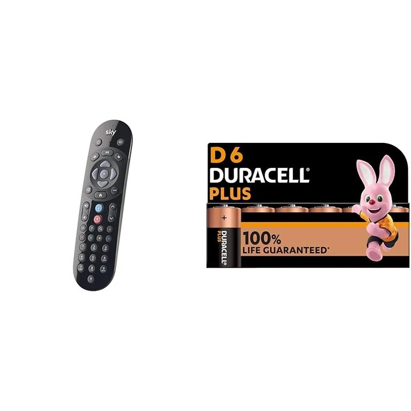 Original SKY Q Voice Remote Control - Compatible with Sky Q 1TB or 2TB box plus the Sky Q Mini box & Duracell Plus D Batteries (6 Pack) - Alkaline 1.5V - 100% Life Guarenteed