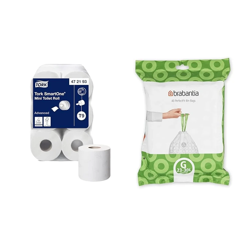 Tork SmartOne Mini Toilet Roll White T9, Advanced, 2-Ply, 12 x 620 Sheets, 472193 & Brabantia Bin Liners, Size G, 23-30 L - 40 Bags,White,375668