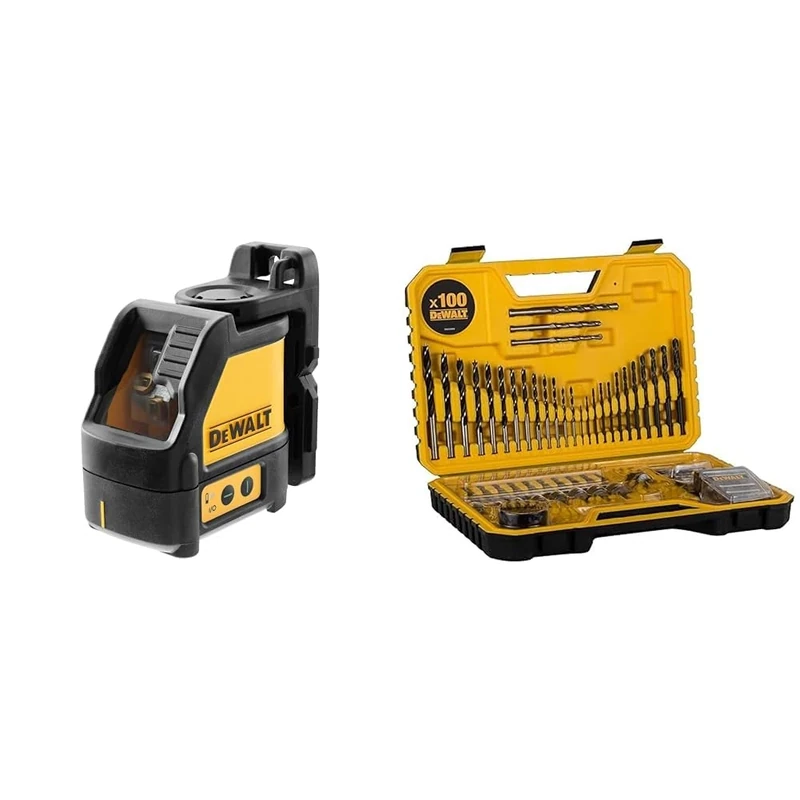 DEWALT DW088CG 2-Way Self Levelling Cross Line Green Beam Laser with Carry Case & DT71563-QZ Combination Drill Bit Set - 100 Pieces - Black Durable Case Included
