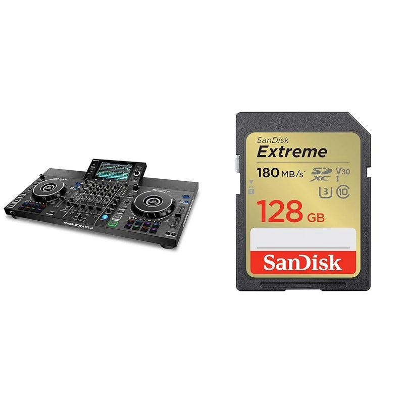 Denon DJ SC LIVE 4 - Standalone DJ Controller, 4-Channel Mixer & SanDisk 128GB Extreme SDXC card + RescuePro Deluxe up to 180 MB/s UHS-I Class 10 U3 V30