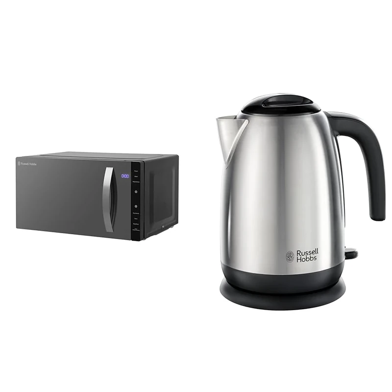 Russell Hobbs RHFM2363B 23 L 800 W Black Digital Flatbed Solo Freestanding Microwave & Brushed Stainless Steel & Black Electric 1.7L Cordless Kettle with black handle