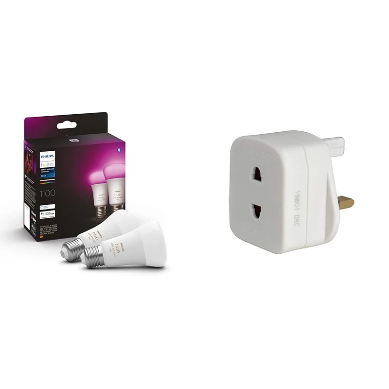 Philips Hue White and Colour Ambiance Smart Light Bulb 2 Pack 75W - 1100 Lumen & Masterplug Shavingadaptor_01 Electric Shaver Adaptor, 50 x 48 x 46 mm, White - Image 1