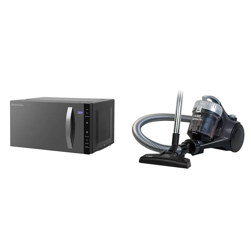 Russell Hobbs RHFM2363B 23 L 800 W Black Digital Flatbed Solo Freestanding Microwave & Cylinder Vacuum Cleaner COMPACT XS 1.5 Litre Grey & Silver with 3 in 1 Multi-Tool