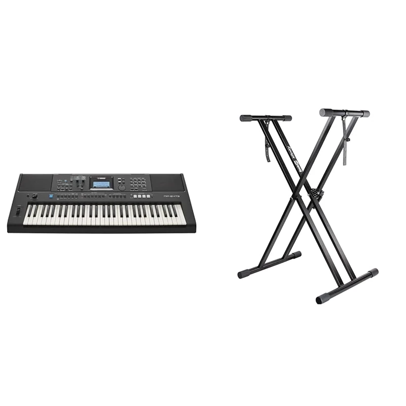 Yamaha PSR-E473 Portable, Versatile Digital Keyboard with 61 Touch-Sensitive Keys, in Black & RockJam XX-363 Xfinity Doublebraced Pre Assembled Keyboard Stand with Locking Straps & Lessons.,Black