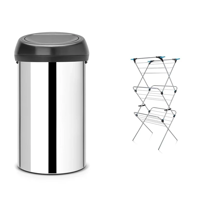 Brabantia 60 Litre Large Kitchen Touch Bin (Brilliant Steel/Matt Black Lid) Removable Lid, Soft-Touch Open, Easy Clean Rubbish Food Waste Bin & Minky 3 Tier Plus Clothes Airer