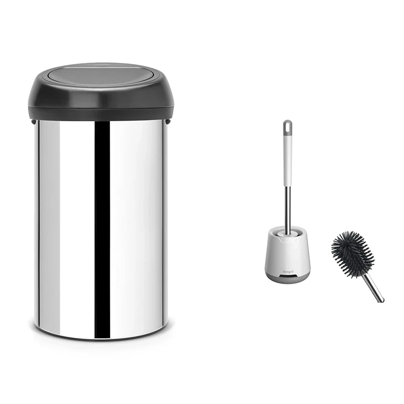 Brabantia 60 Litre Large Kitchen Touch Bin (Brilliant Steel/Matt Black Lid) Removable Lid & Ibergrif M34152 Silicone Toilet Brushes & Holders, Deep Cleaner
