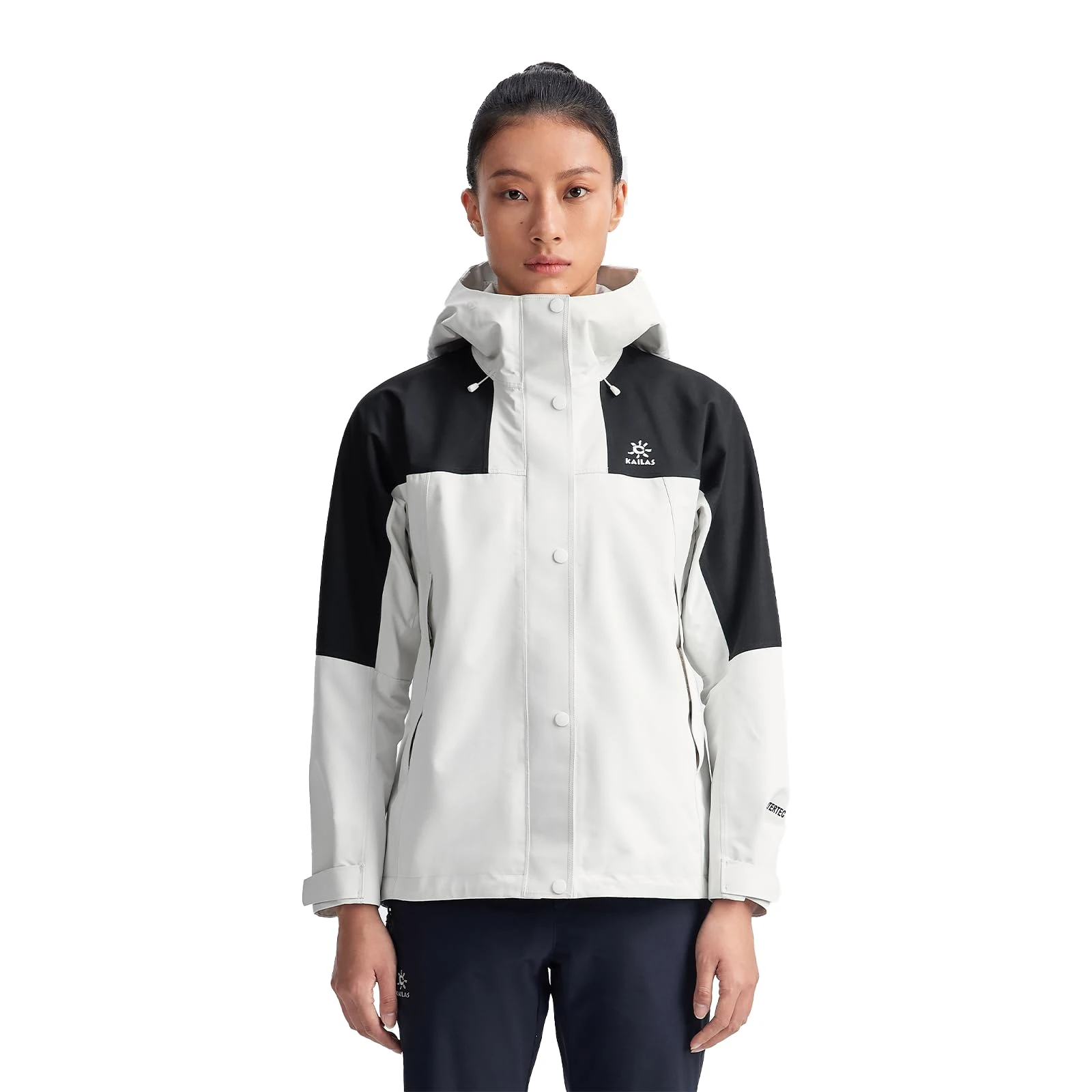 KAILAS Women's Colorblock Hardshell Jacket Hooded Waterproof Ultralight 2L FILTER-TEC Rain Jacket for Hiking Travel, Fish Bone White/Black, M