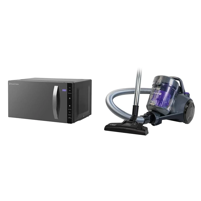 Russell Hobbs RHFM2363B 23 L 800 W Black Digital Flatbed Solo Freestanding Microwave & Cylinder Vacuum Cleaner ATLAS2 PET 2.5 Litre Grey & Purple with 3 in 1 Multi-Tool