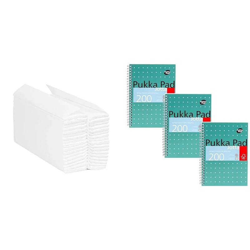 Blake & White PS1022 Purely Smile C-Fold Hand Towel White | 2 Ply | Case of 2400 Towels White & Pukka Pad, A5 Metallic Jotta Book 3-Pack for Home, School, and Office – 15 x 21cm