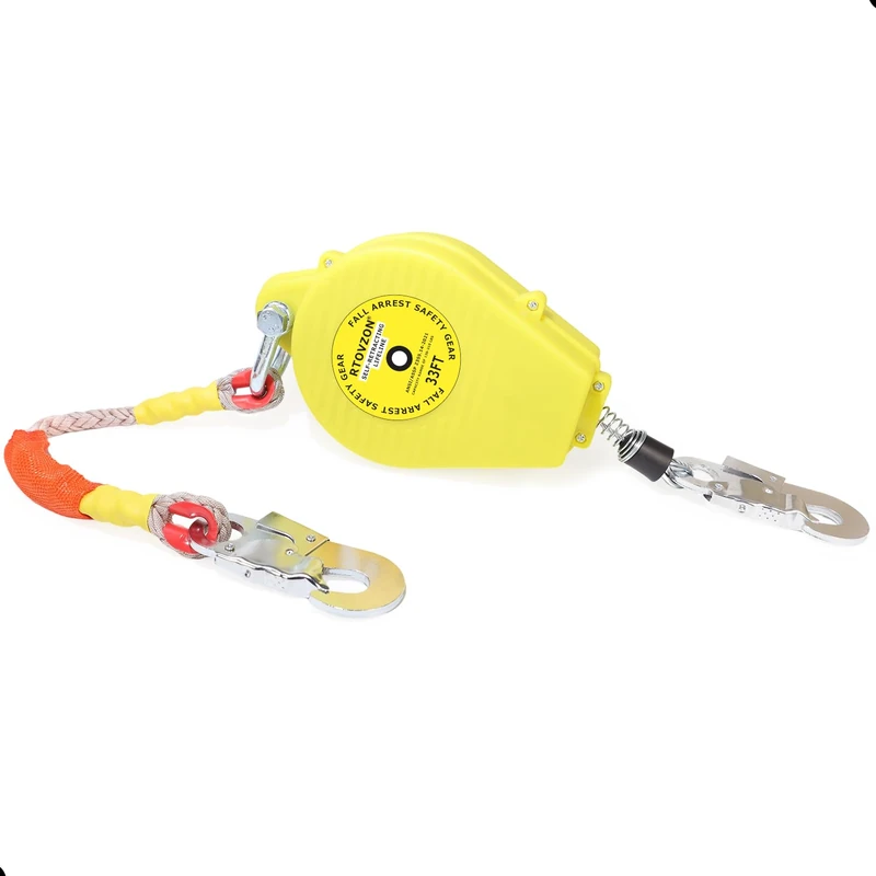 33FT RTOVZON Self Retracting Lifeline, Fall Arrest Fall Protection Dual Alloy Steel Hook Steel Wire Rope Heavy Duty Retractable Lanyard, Roofing Lifeline, SRL, Safety Lanyard
