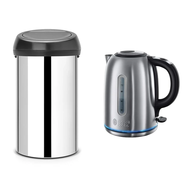 Brabantia 60 Litre Large Kitchen Touch Bin (Brilliant Steel/Matt Black Lid) Removable Lid & Russell Hobbs Brushed Stainless Steel Electric 1.7L Cordless Kettle