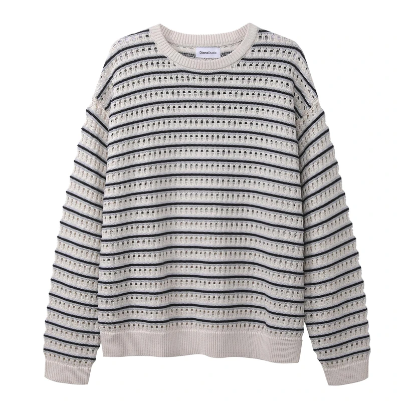 Diana Studio, Perforated Crew Neck in Knit - Men, 100% Cotton, Long Sleeves, Boxy Fit, Ecru/Grey/Purple, M